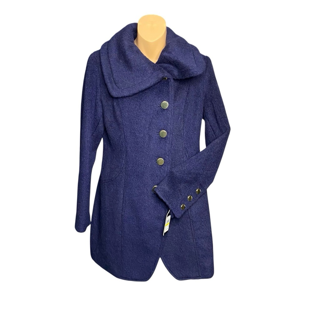 Guess‎ Navy Single Breasted Wool Blend Long Peacoat Women's M Gold-tone Button